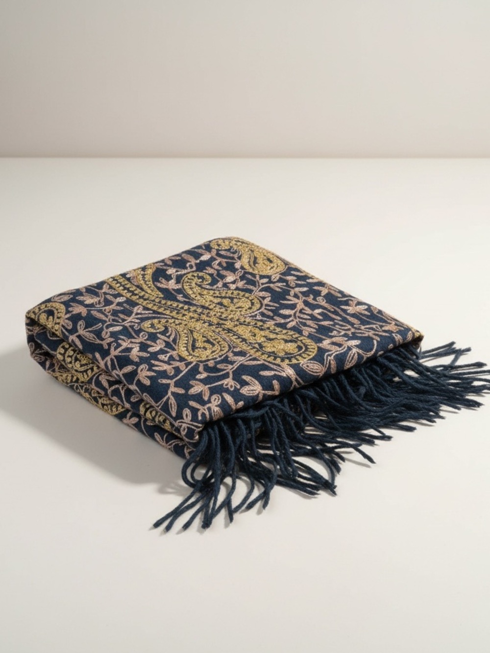 Navy & Gold Paisley Fringe Shawl Pahima Wrap - Picture 2 of 6